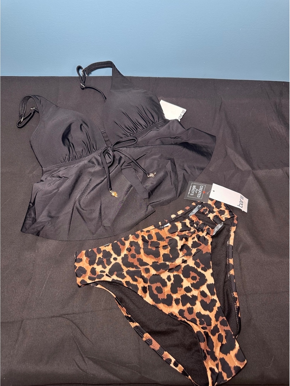 Bar III Black Peplum Tankini Top with Cheetah Print Bikini Bottom XS